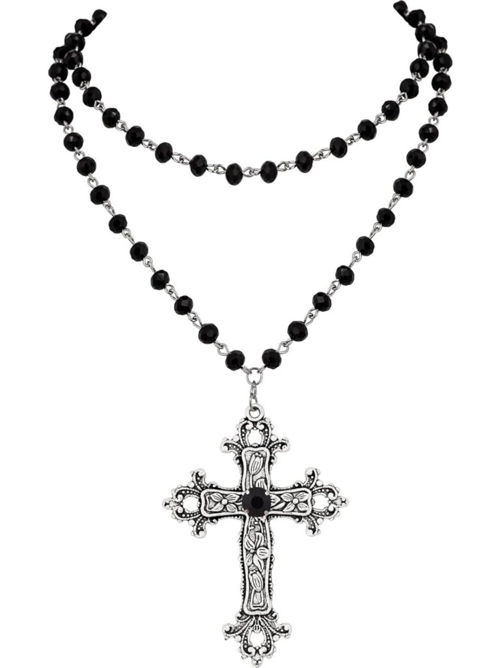 Layered Black Beaded Cross Necklace | Y2K Gothic Emo Grunge Jewelry Gift